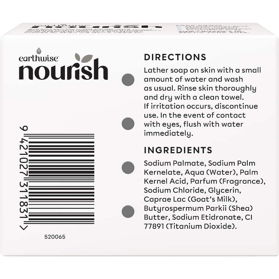 Earthwise Nourish Soap with goat's milk and shea butter, designed for moisturizing and replenishing all skin types.