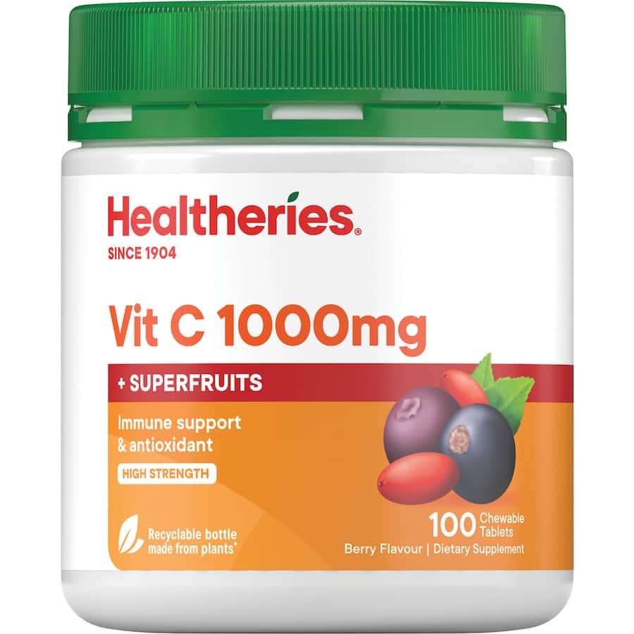 Healtheries Vitamin C Superfruits 1000mg tablets provide immune support and skin health, packed with antioxidant-rich superfruits.