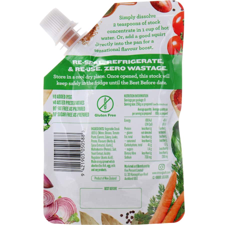 Gault's Vegetable Stock Concentrate pouch, providing rich flavor for soups, sauces, and vegetarian dishes, yields 8 cups of stock.