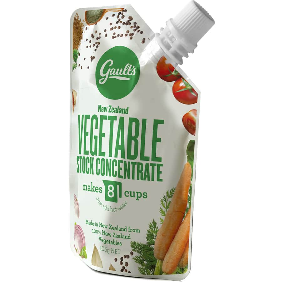 Gault's Vegetable Stock Concentrate pouch, designed to create 8 cups of rich, flavorful vegetable stock for diverse dishes.
