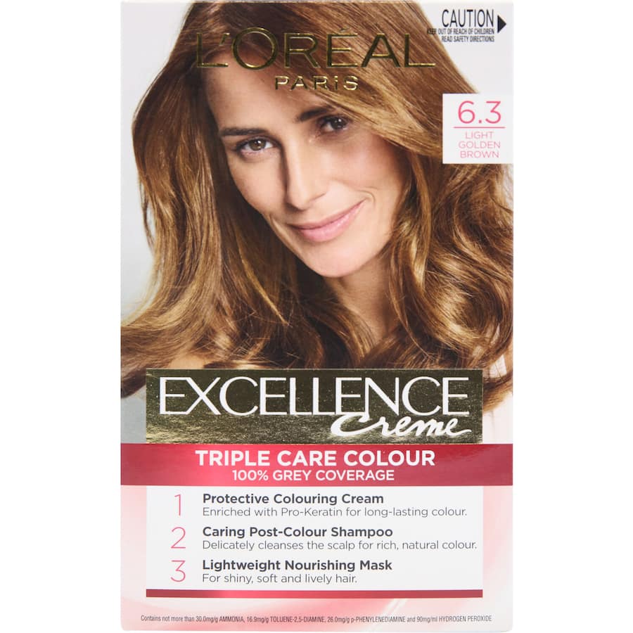 L'Oreal Excellence Hair Colour in Light Golden Brown 6.3, offering vibrant color, 100% gray coverage, and nourishing care.