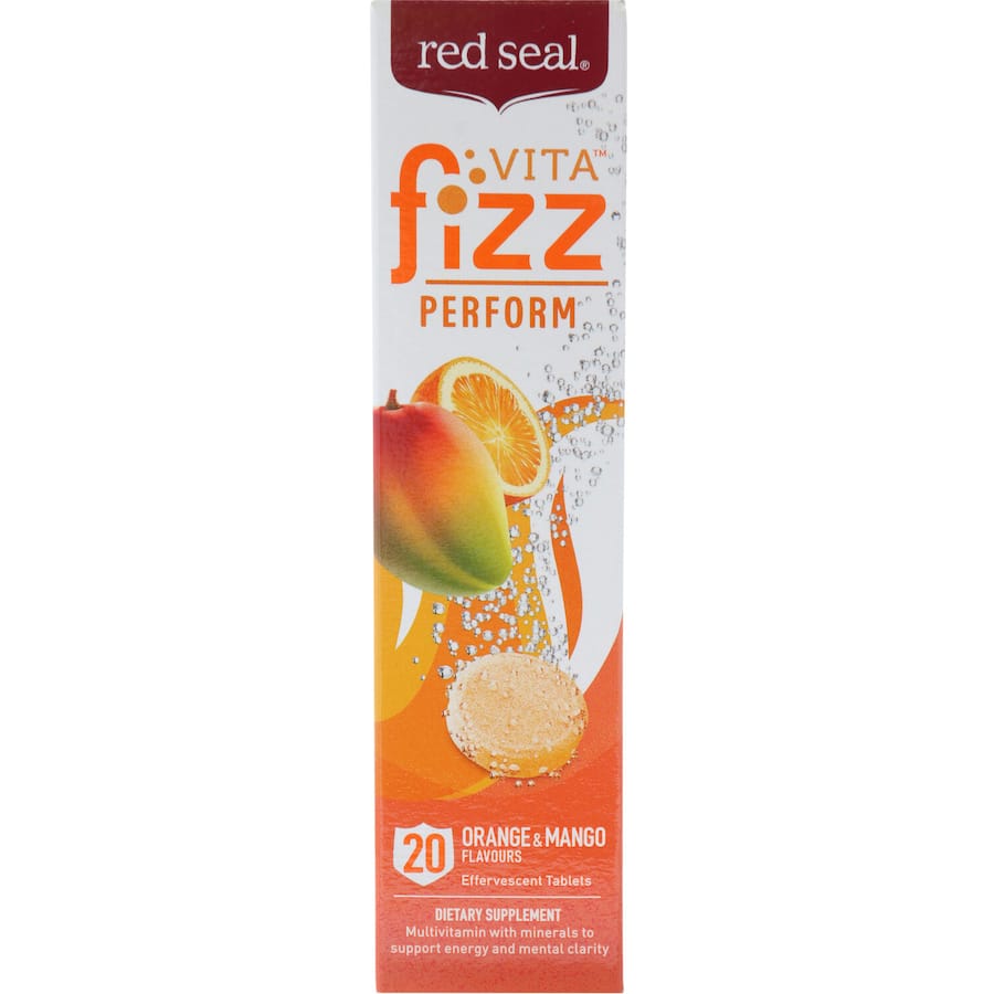 Effervescent orange vitamin drink with essential B vitamins and minerals for energy and mental focus.