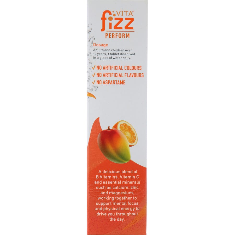 Effervescent orange vitamin drink with B vitamins and minerals, boosting energy and focus for active lifestyles.