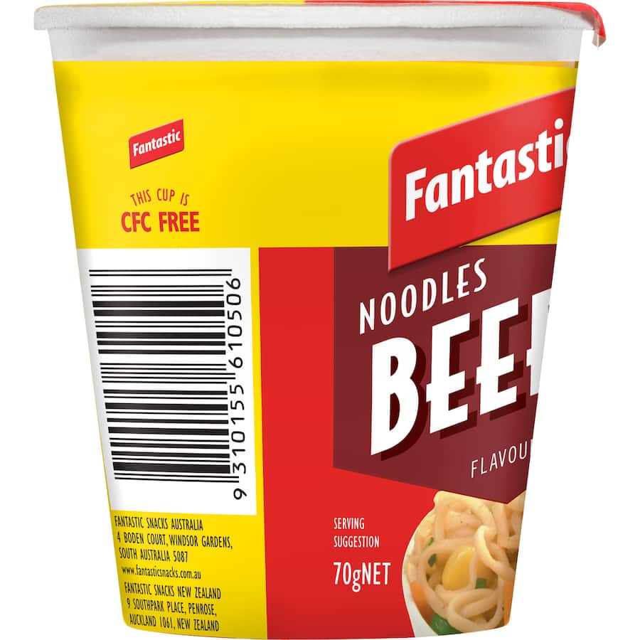 Cup of Fantastic Instant Noodles with rich beef flavor, perfect for quick meals at home, work, or on-the-go.