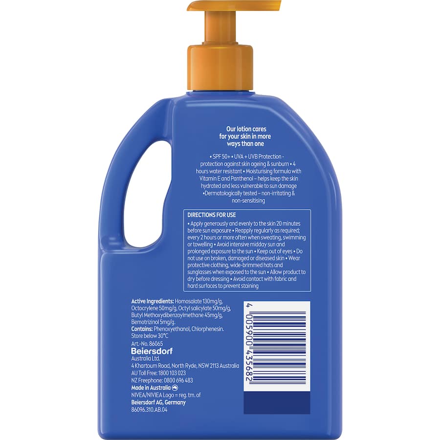 Nivea Sunscreen Protect & Moisture SPF50+ lotion, providing 5-in-1 protection, hydration, and 4-hour water resistance.