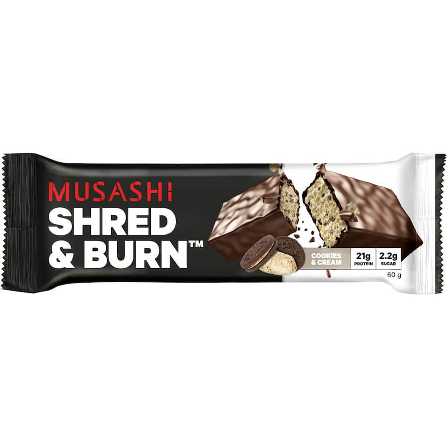Musashi Shred & Burn Protein Bar in Cookies & Cream flavor, offering 20g protein and fat-loss support for active lifestyles.