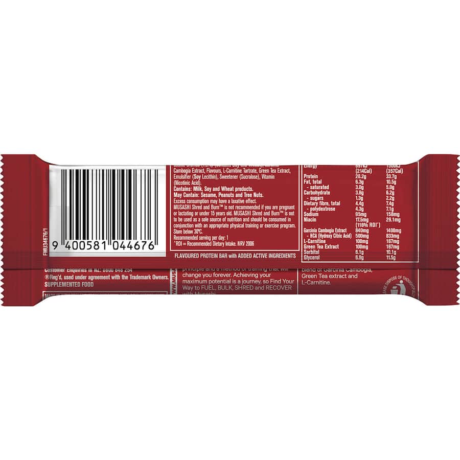Musashi Shred & Burn Protein Bar in Cookies & Cream flavor, packed with 20g protein for muscle support and fat loss.