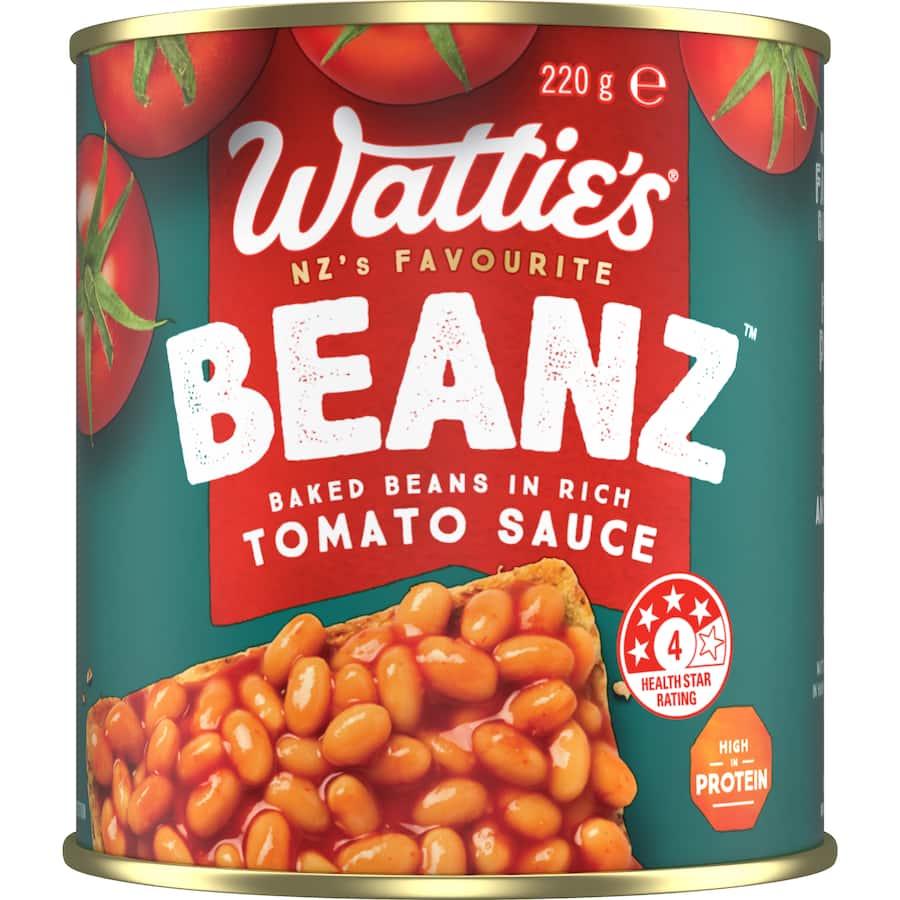 Wattie's Baked Beanz in tangy tomato sauce, high in protein and fiber, no preservatives, perfect for any meal.