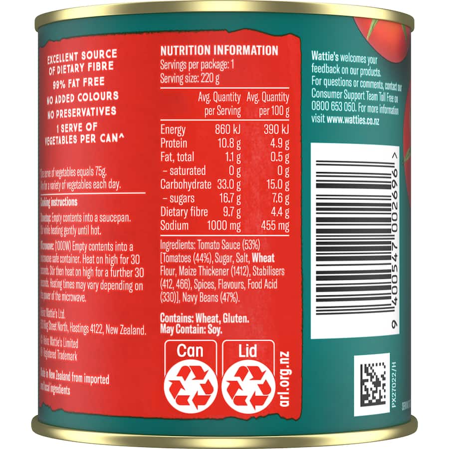 Wattie's Baked Beanz in rich tomato sauce, 99% fat-free, high in protein, and a nutritious pantry staple for any meal.