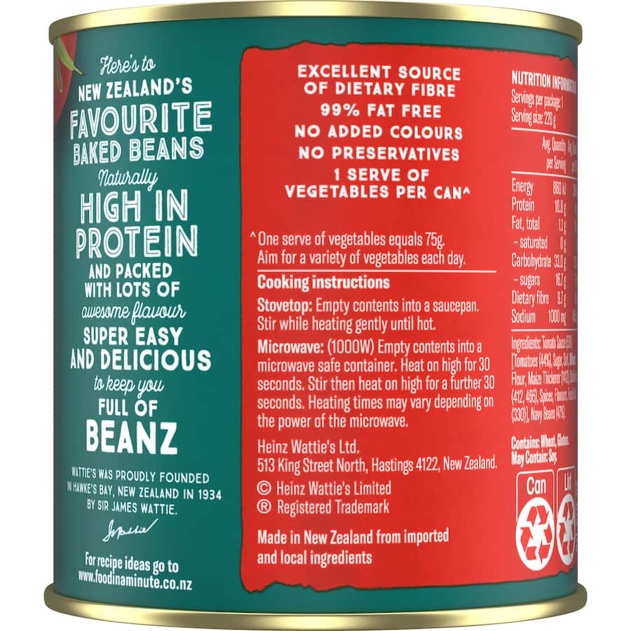 Wattie's Baked Beanz in rich tomato sauce, high in protein, 99% fat-free, and a favorite pantry staple in New Zealand.