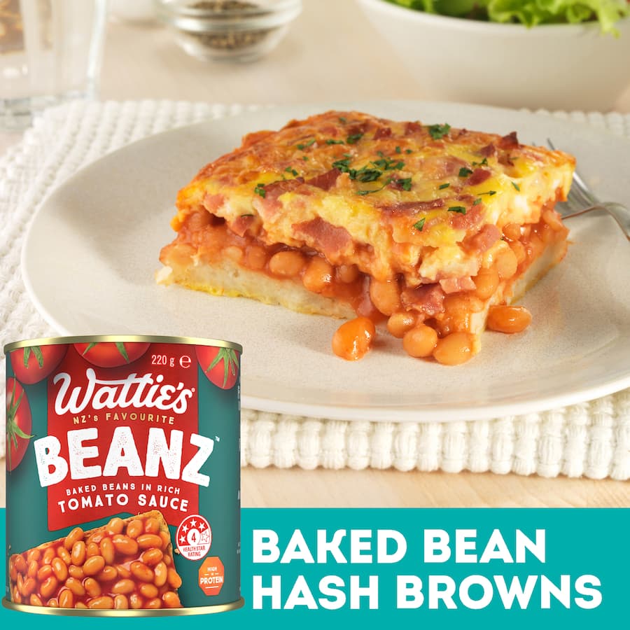 Wattie's Baked Beanz in Tomato Sauce, a nutritious staple, high in protein, 99% fat-free, with no added colors or preservatives.