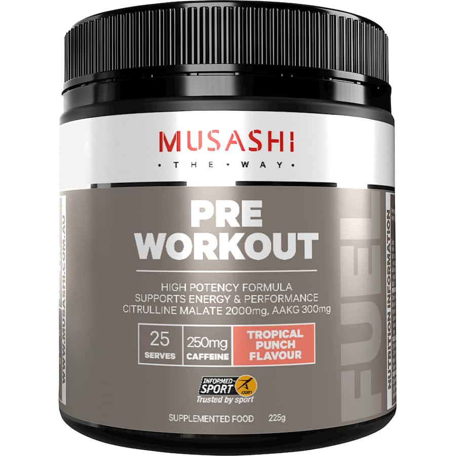 Musashi Pre-workout Protein Powder in Tropical flavor boosts energy and performance for athletes and gym enthusiasts.