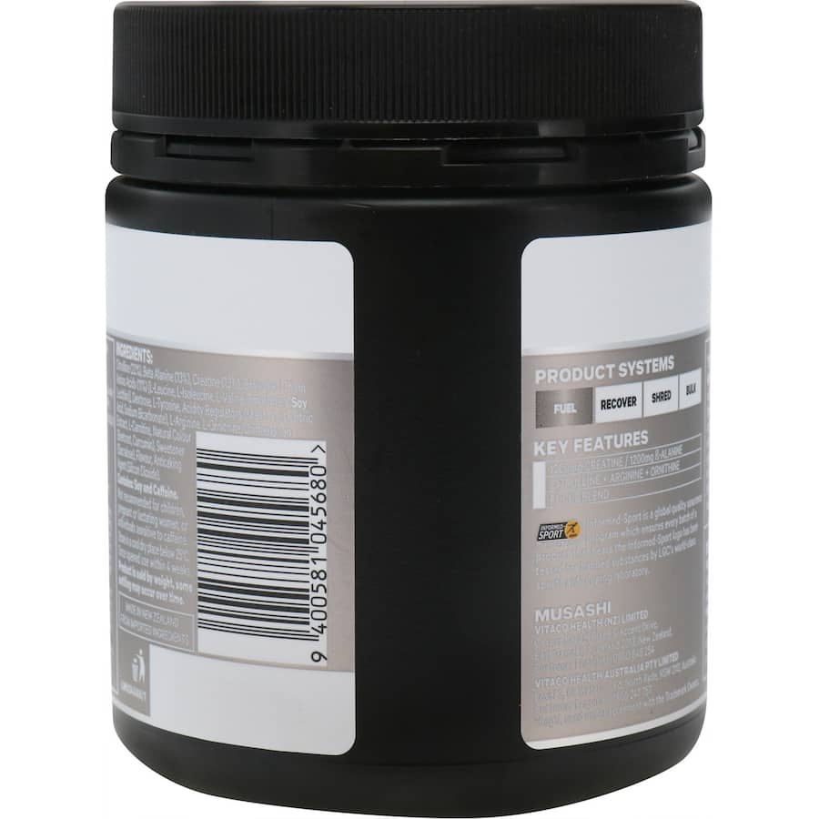 Musashi Pre-workout Protein Powder in Tropical flavor boosts energy and performance for athletes and fitness enthusiasts.