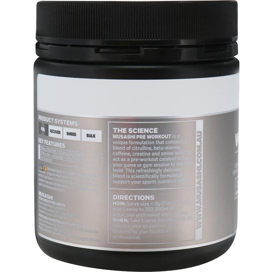 Musashi Pre-workout Protein Powder in Tropical flavor, energizing athletes with BCAAs for peak performance and recovery.