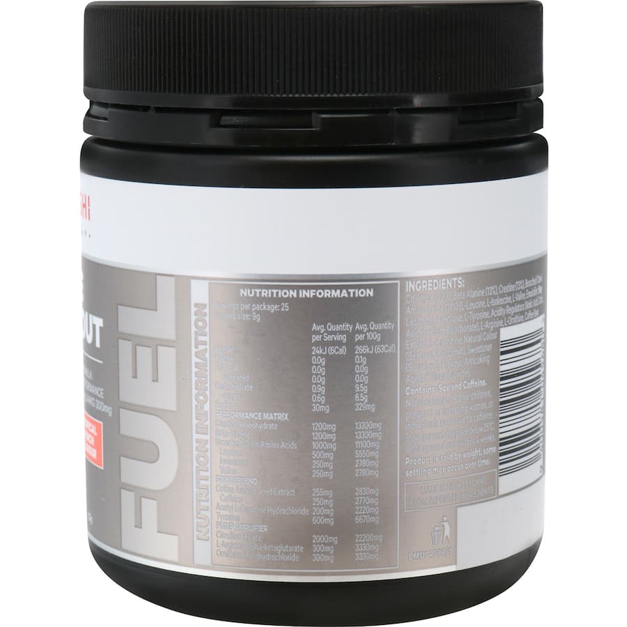 Musashi Pre-workout Protein Powder in Tropical flavor for energy, performance, and muscle recovery during workouts.