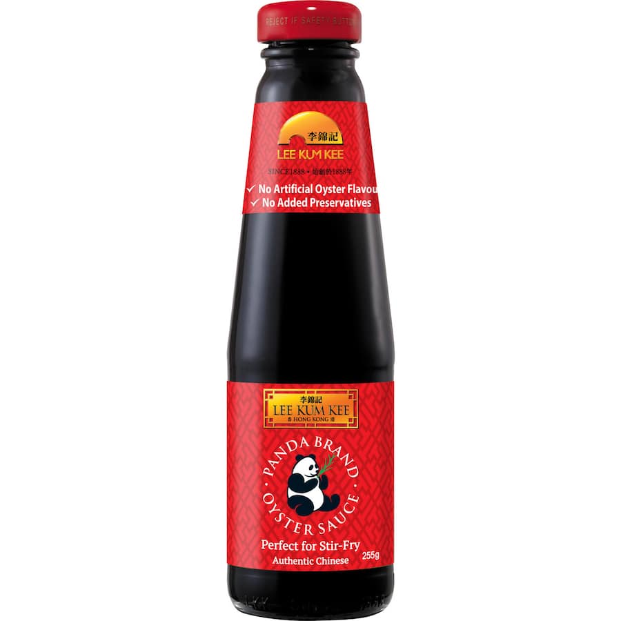 Lee Kum Kee Panda Brand Oyster Sauce bottle showcasing rich color, ideal for enhancing Asian dishes and marinades.