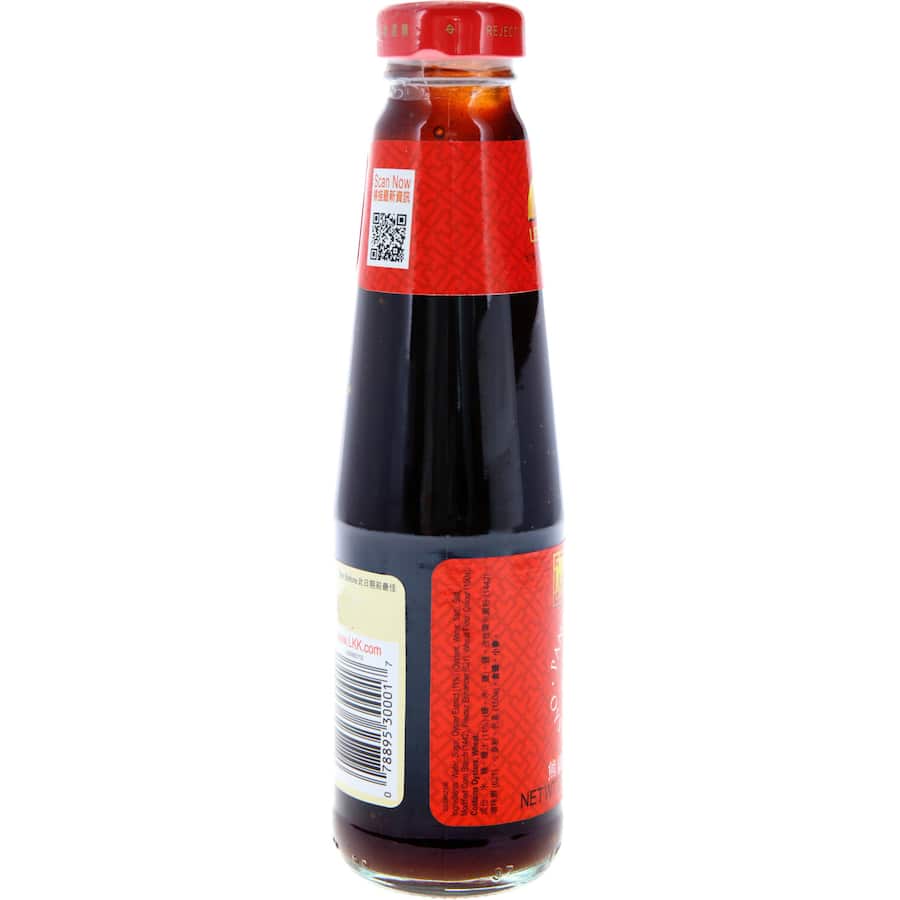 Lee Kum Kee Panda Brand Asian Oyster Sauce in a glass bottle, showcasing its rich color and ideal for enhancing various dishes.