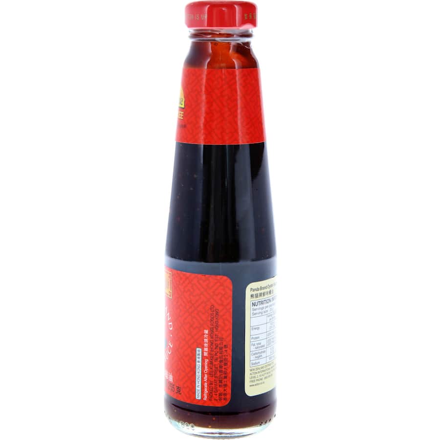 Lee Kum Kee Panda Brand Asian Oyster Sauce bottle, showcasing its rich color, ideal for marinating and stir-frying.