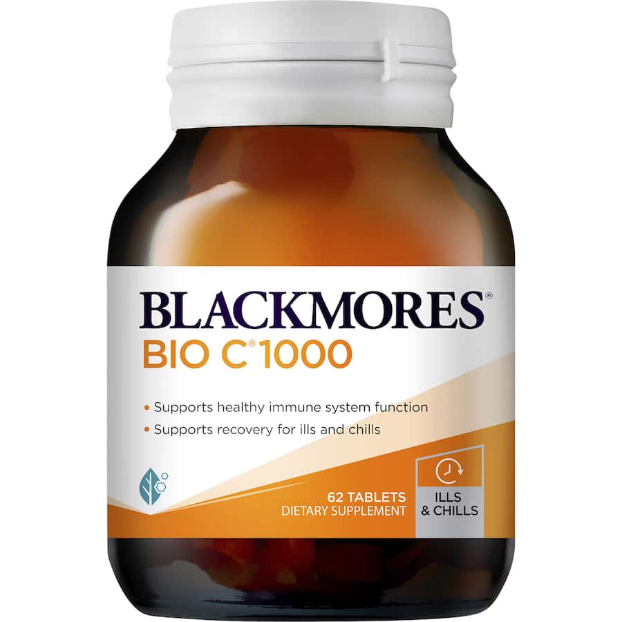 Blackmores Bio C 1000 Vitamin C supplement, 1000mg, supports immune health with gentle, buffered formula and antioxidant benefits.