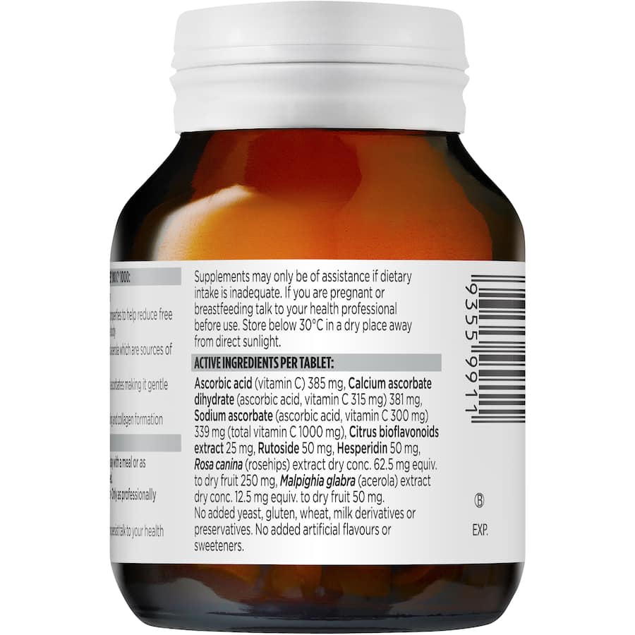 Blackmores Bio C 1000 Vitamin C supplement for immune support, wound healing, and gentle digestive comfort, featuring rosehips and acerola.