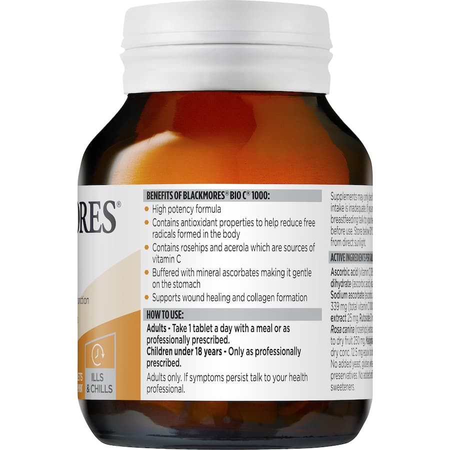 Blackmores Bio C 1000 Vitamin C supplement, 1000mg, supports immune health, recovery, and is gentle on the stomach.