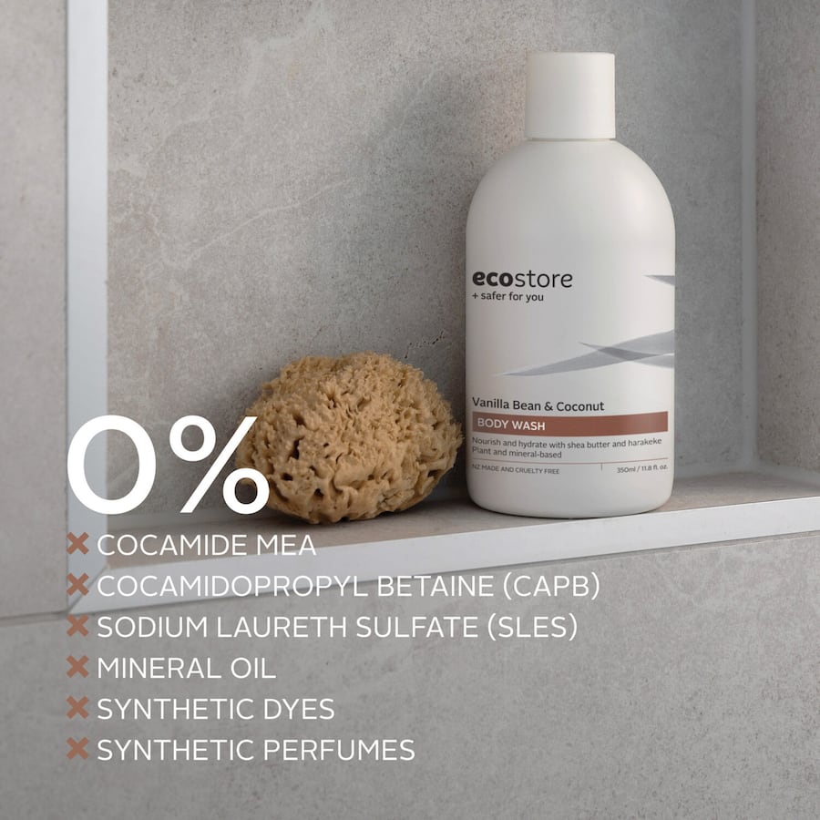 Luxurious Ecostore Body Wash with vanilla and coconut scent, enriched with shea butter and New Zealand harakeke for gentle cleansing.