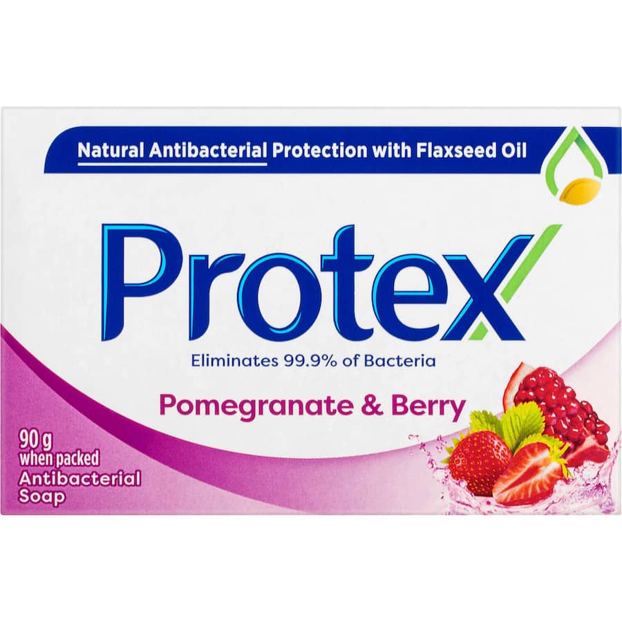 Protex Antibacterial Bar Soap in Pomegranate & Berry, 90g, eliminates 99.9% of bacteria while nourishing skin with flaxseed oil.
