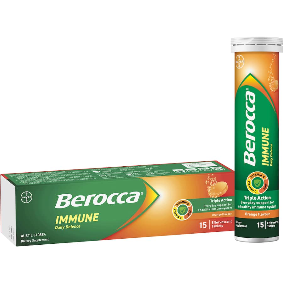 Effervescent orange tablets packed with 1000 mg vitamin C, D, and zinc for daily immune support.