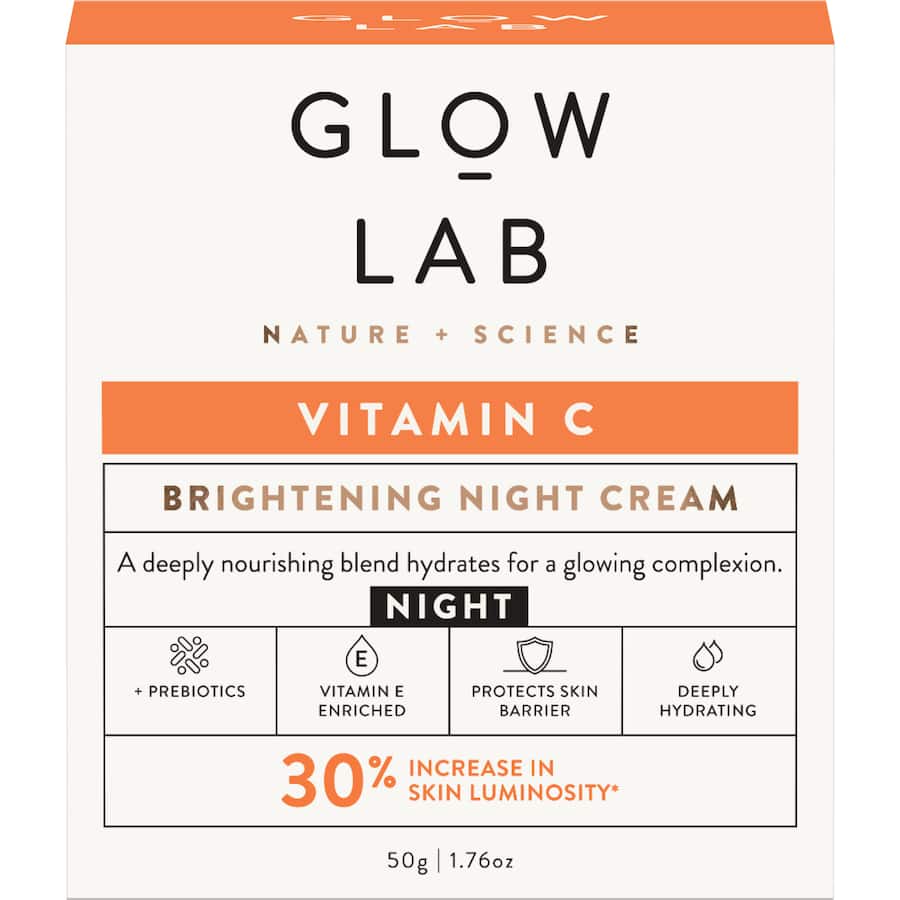 Nourishing Glow Lab Night Cream enriched with Vitamin C and Kakadu Plum for radiant, rejuvenated skin overnight.