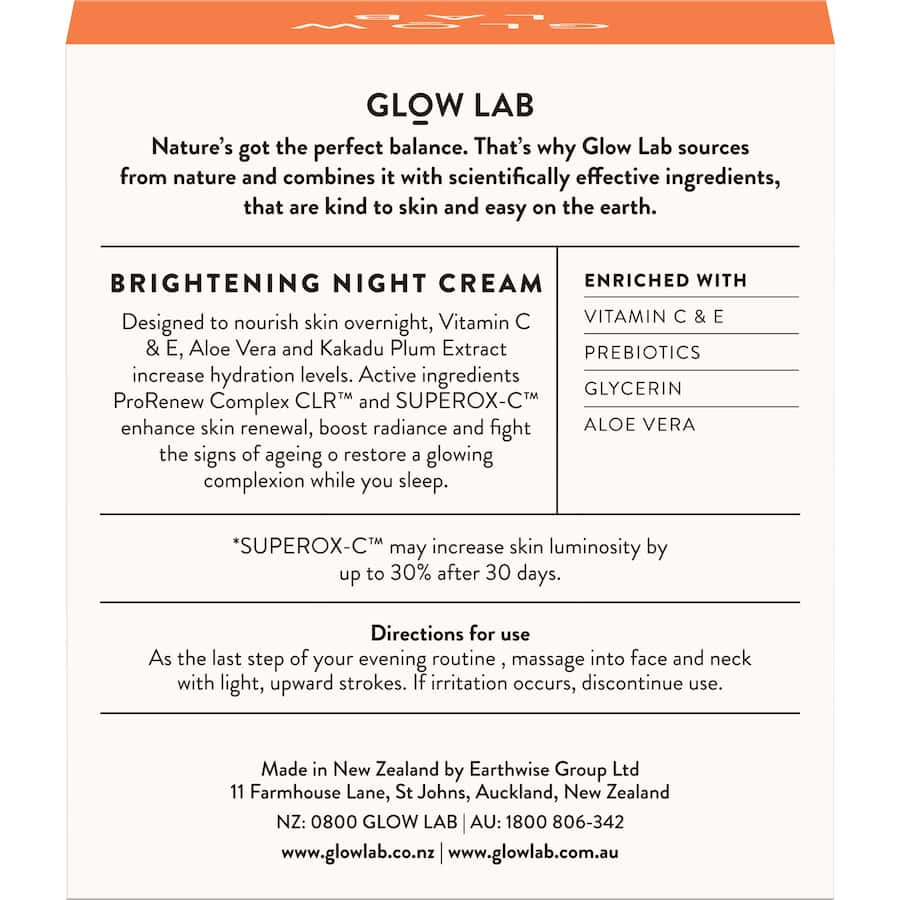 Glow Lab Night Cream Vitamin C featuring Kakadu Plum and ProRenew Complex for brightening and hydrating overnight skin renewal.