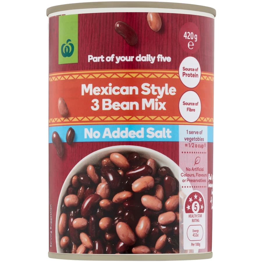 Canned Woolworths Mexican 3 Bean blend of red kidney, pinto, and black beans, no added salt, high in protein and fiber.