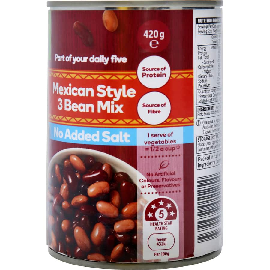 Woolworths Mexican 3 Bean No Added Salt: nutritious canned blend of red kidney, pinto, and black beans for healthy meals.