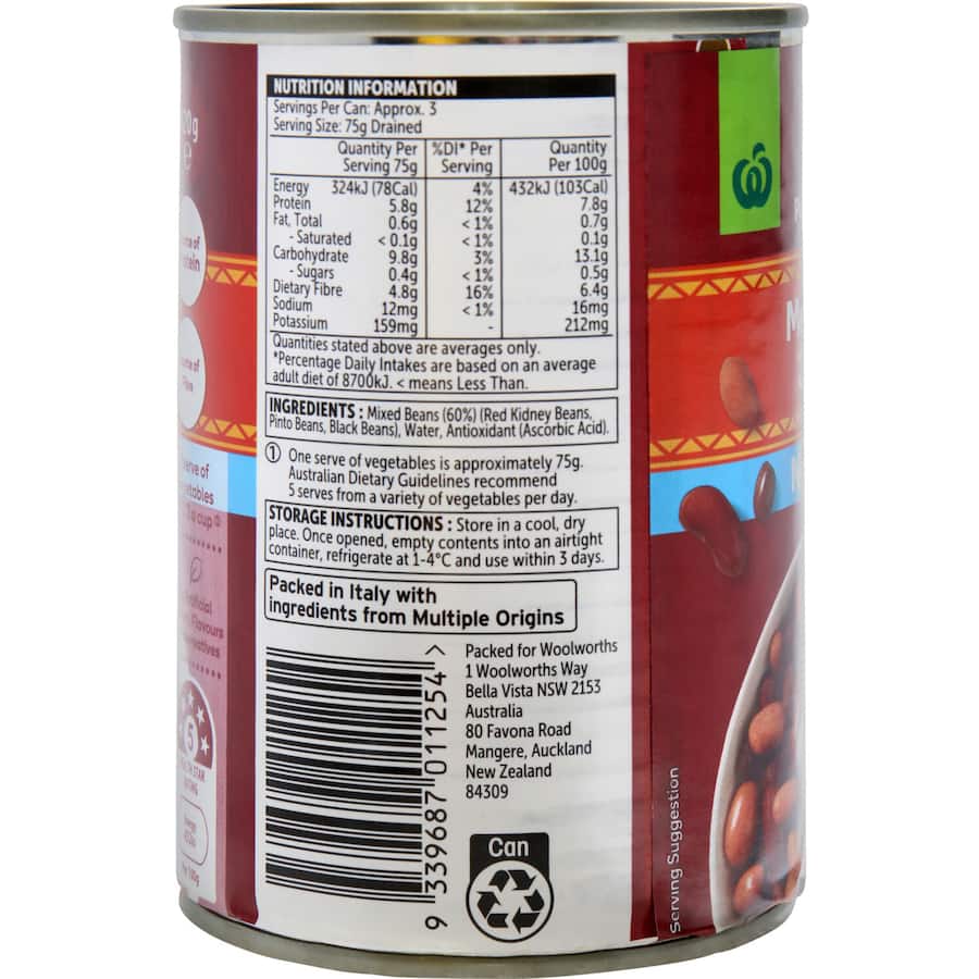 Canned Woolworths Mexican 3 Bean mix, featuring red kidney, pinto, and black beans, with no added salt for healthy meals.