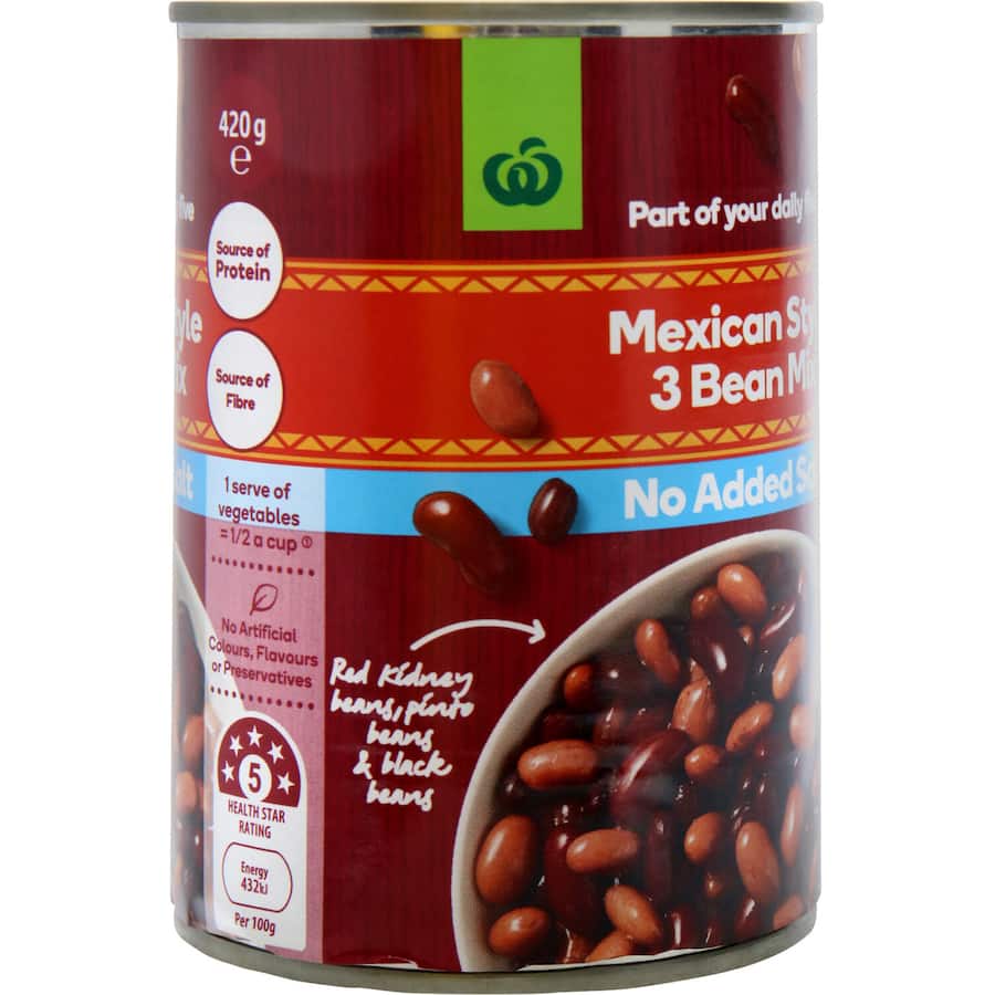 Canned Woolworths Mexican 3 Bean mix, no added salt, featuring red kidney, pinto, and black beans for healthy meals.