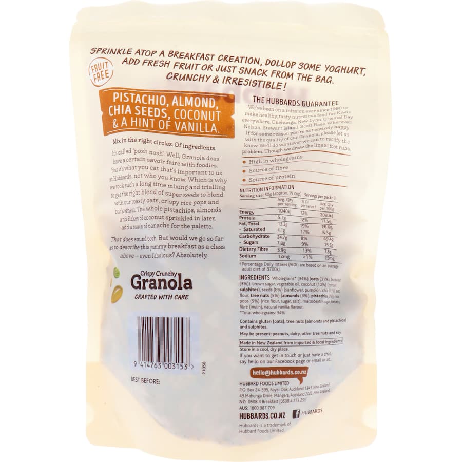 Crunchy Hubbards Granola with pistachios, almonds, chia seeds, and coconut flakes, perfect for a healthy snack or breakfast.
