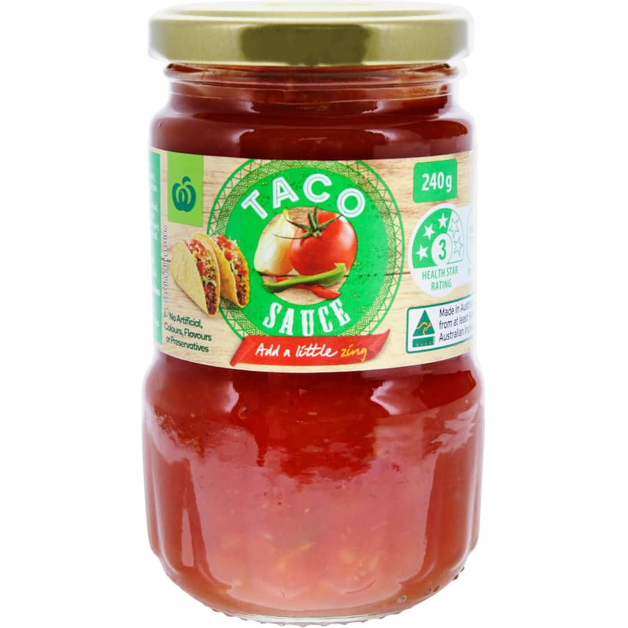 Woolworths Mexican Mild Taco Sauce bottle, showcasing its vibrant flavor for delicious tacos and Mexican meals.