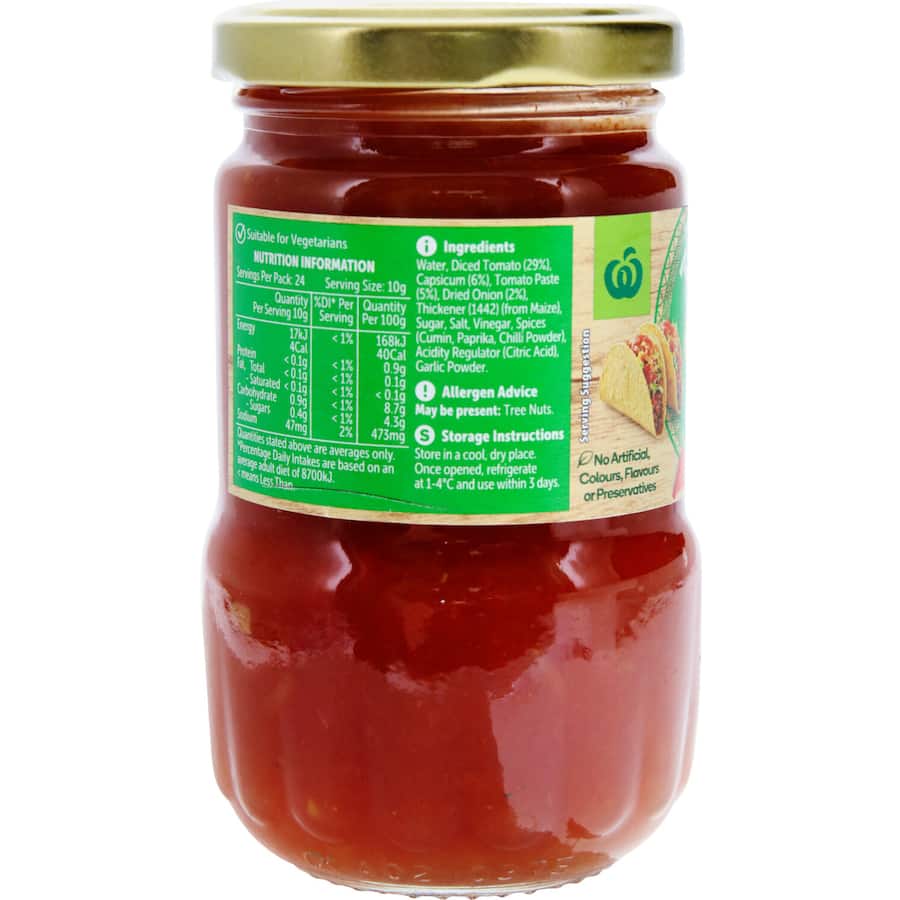 Woolworths Mexican Mild Taco Sauce in a bottle, perfect for enhancing tacos with its mild, tangy, and zesty flavor.