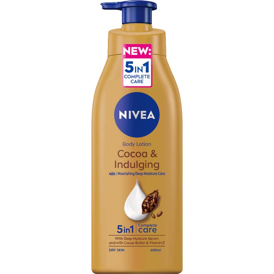 Nivea Cocoa Indulging Body Lotion offers 48-hour deep hydration with cocoa butter and Vitamin E for smooth, protected skin.