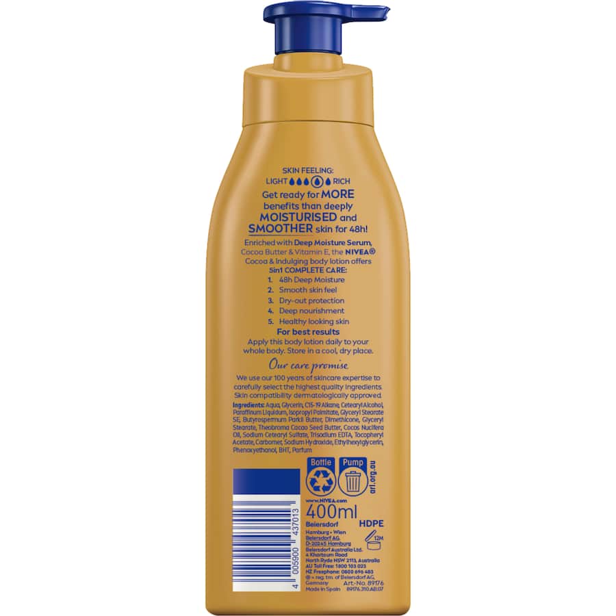 Nivea Cocoa Indulging Body Lotion for deep hydration with cocoa butter and Vitamin E, delivering 48 hours of moisture.