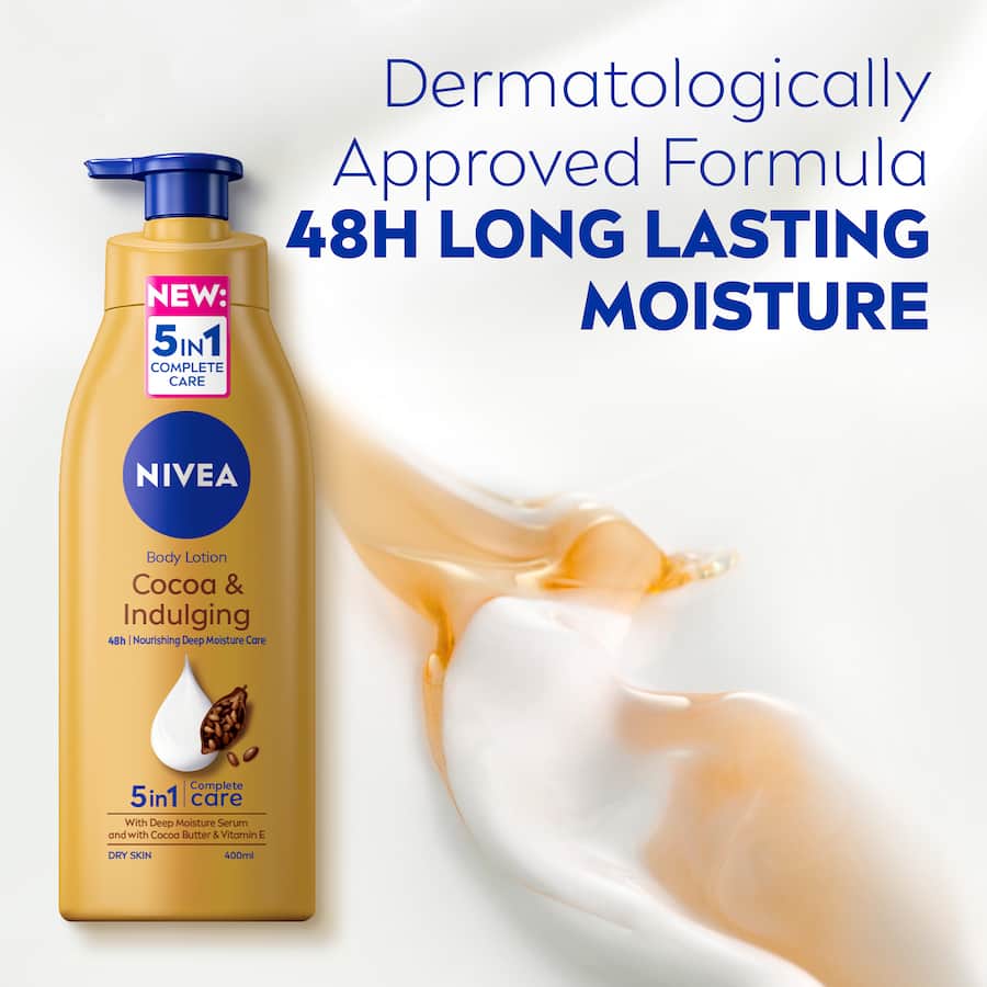 Nivea Cocoa Indulging Body Lotion offers 48-hour hydration with cocoa butter and Vitamin E for soft, smooth skin.