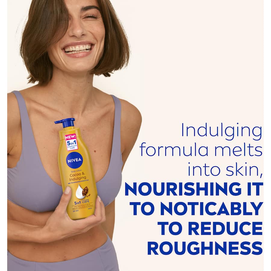 Nivea Cocoa Indulging Body Lotion with cocoa butter and Vitamin E for 48-hour deep hydration and smooth, nourished skin.