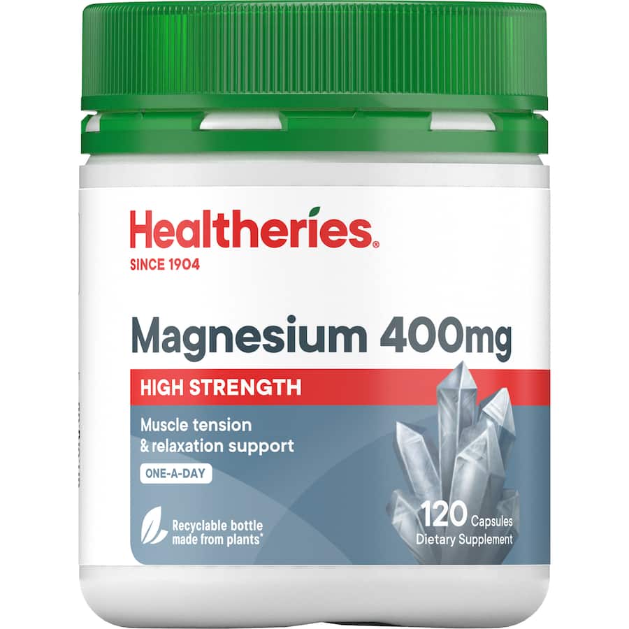 Healtheries Magnesium 400mg dietary supplement, supporting muscle function and promoting relaxation and overall well-being.
