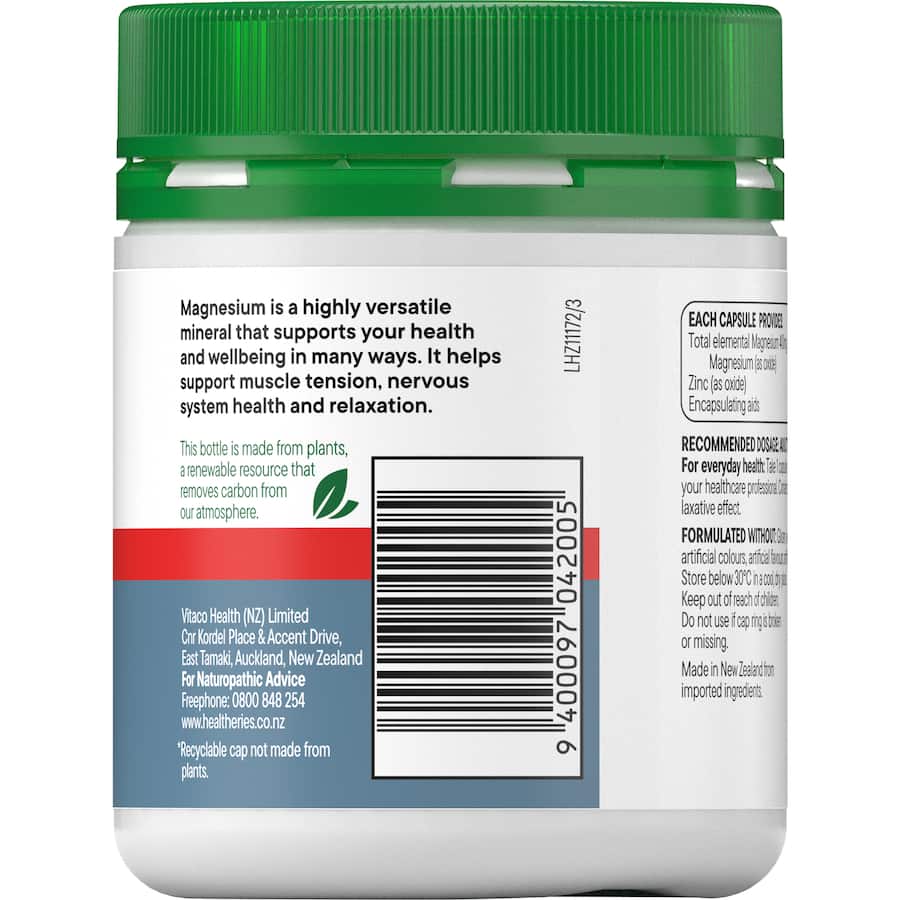 Healtheries Magnesium 400mg supplement for muscle function, nerve health, energy production; gluten-free and vegetarian-friendly.
