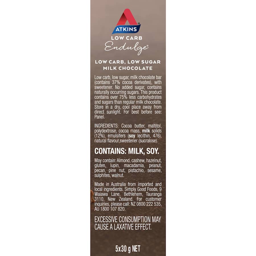Atkins Endulge Milk Chocolate Protein Bar: low-carb, guilt-free snack with rich cocoa and no added sugars, ideal for clean eating.