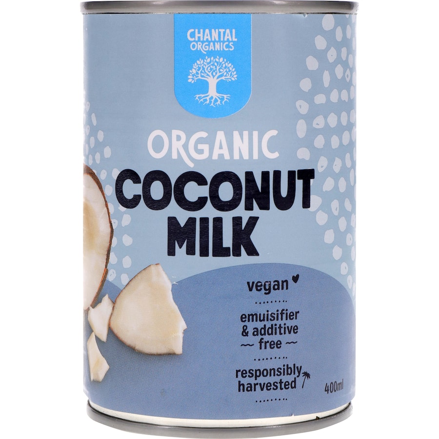 Creamy Chantal Organics Coconut Milk in a can, ideal for dairy-free recipes, smoothies, curries, and baking.