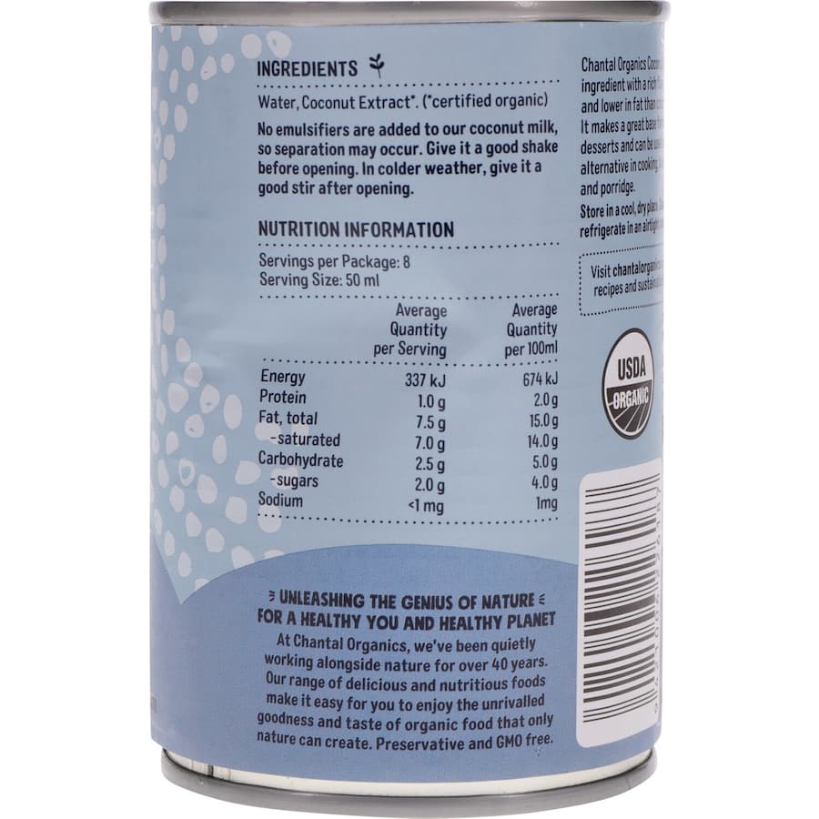 Rich and creamy Chantal Organics Coconut Milk, a versatile, dairy-free alternative for smoothies, curries, and desserts.