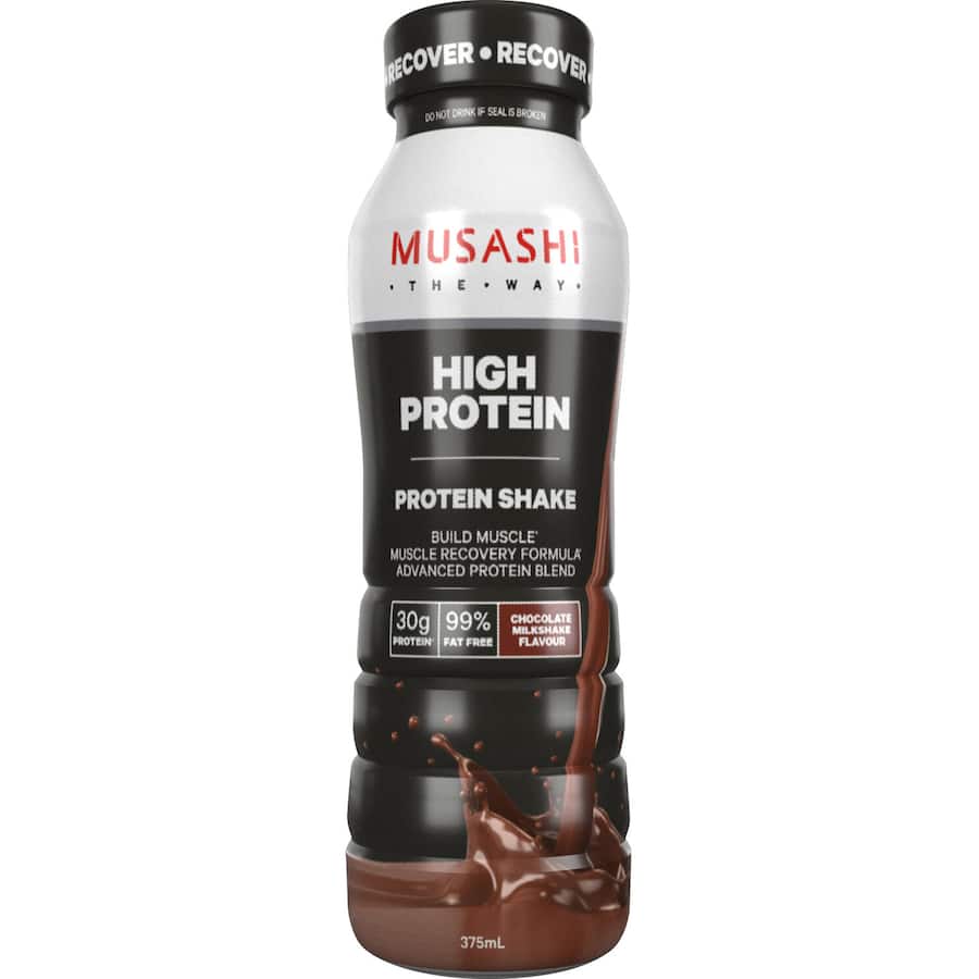 Musashi High Protein Shake in Iced Chocolate flavor, featuring 30g protein for muscle recovery and low-fat nutrition.
