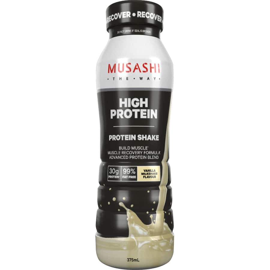 Musashi High Protein Shake in Vanilla, packed with 30g protein, low fat, and calcium for muscle recovery and nutrition on the go.