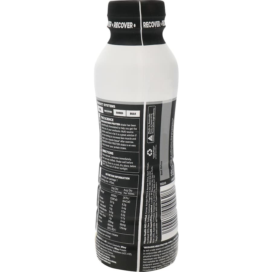 Musashi High Protein Shake in Vanilla: 30g protein, low fat, high calcium; perfect for recovery and on-the-go nutrition.