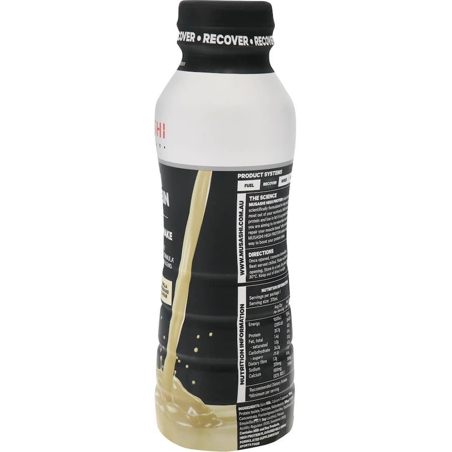 Vanilla protein shake in a ready-to-drink format, featuring 30g protein, low fat, and high calcium for muscle recovery.